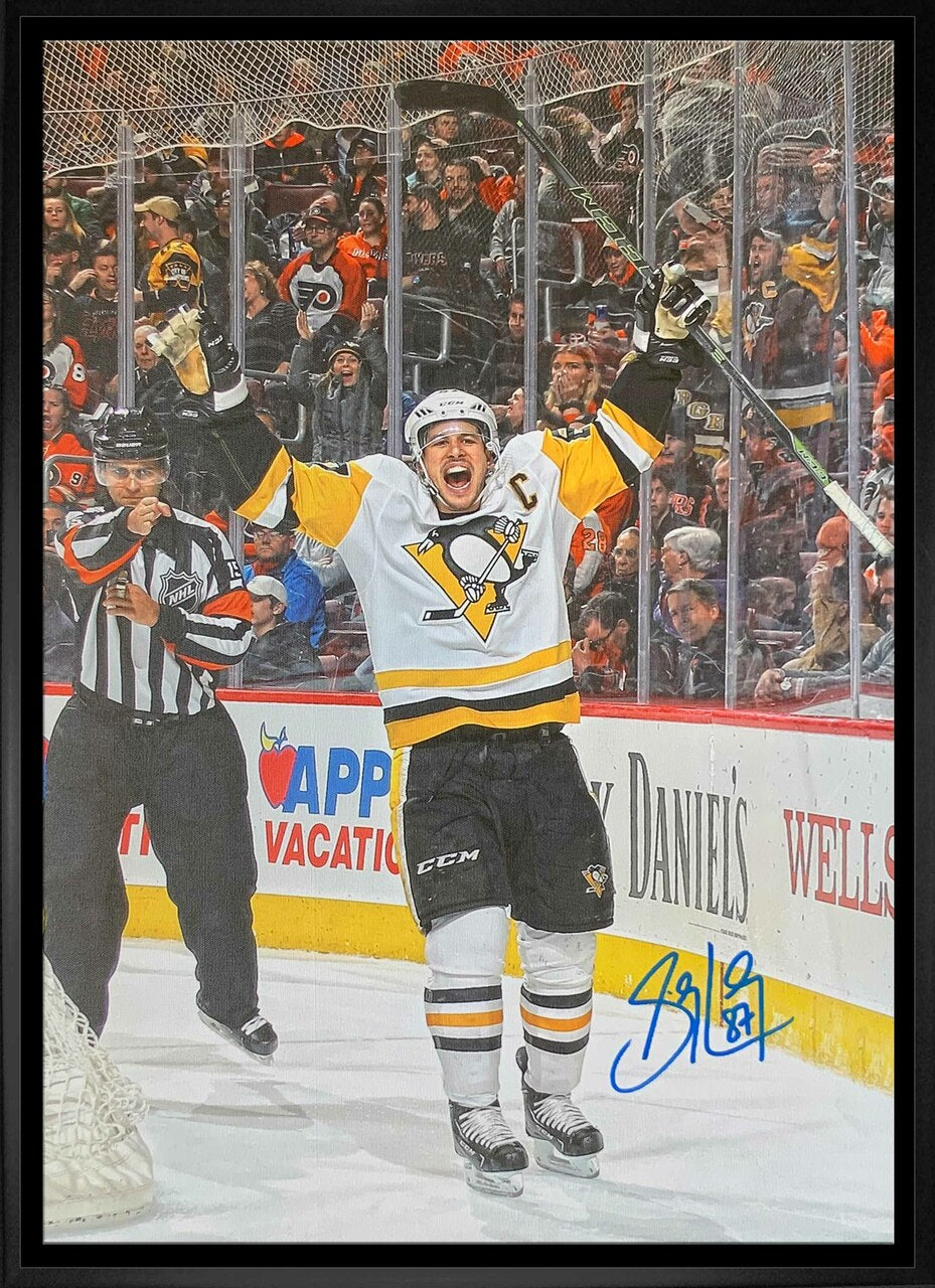 Crosby, S Signed 20x28 Canvas Framed Penguins Arms Raised-V