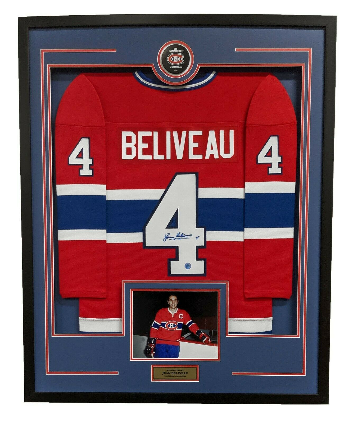 Jean Beliveau Montreal Canadiens Signed Retro Style 36x44 Framed Hockey Jersey