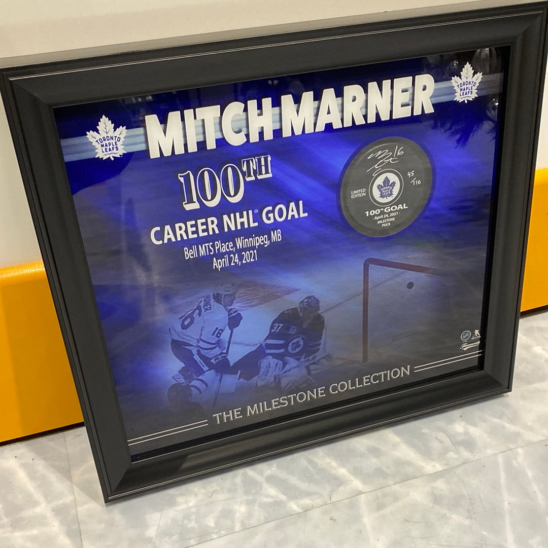 Marner Milestone 100th Goal /350 point signed puck/framed