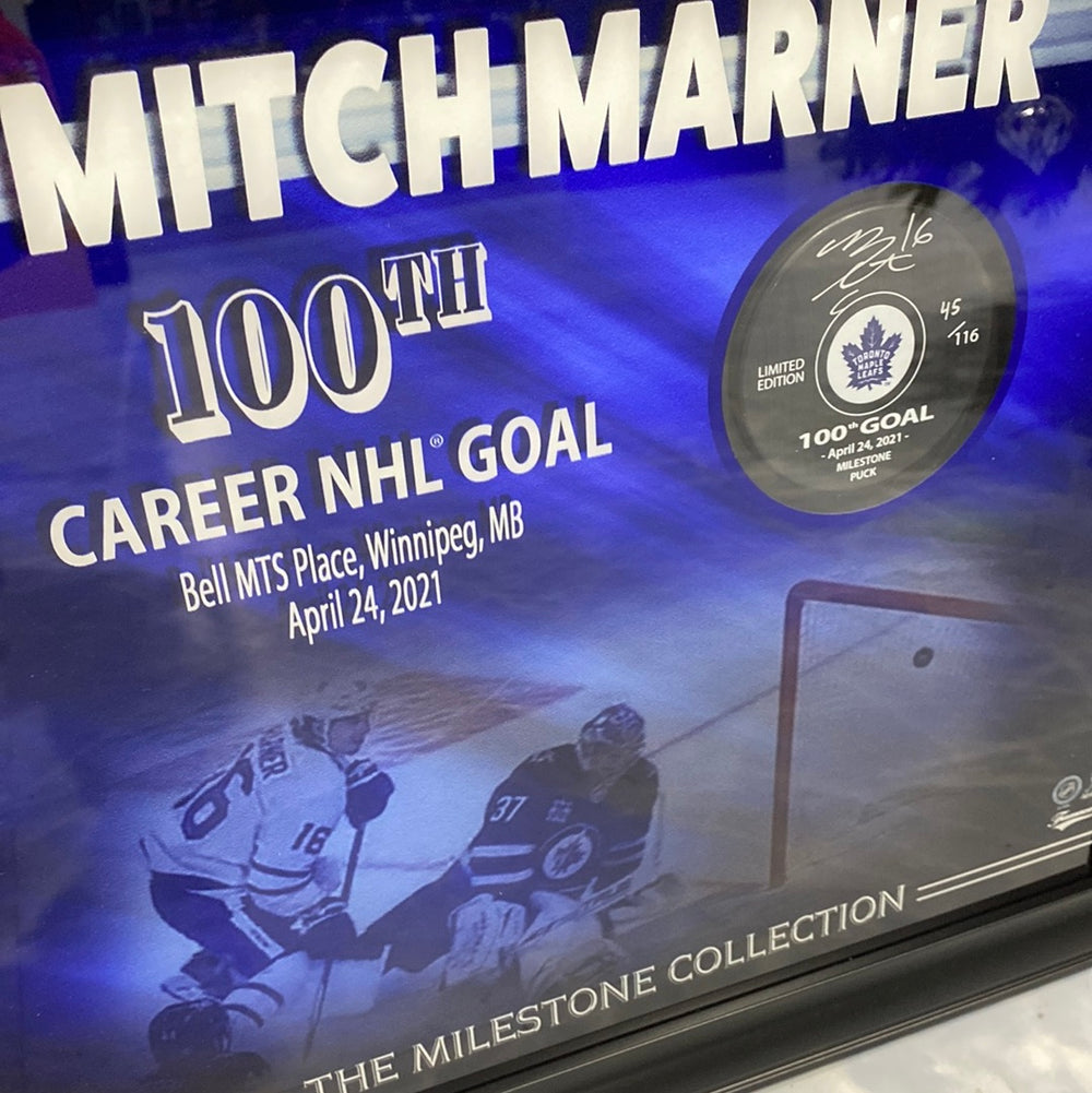 Marner Milestone 100th Goal /350 point signed puck/framed