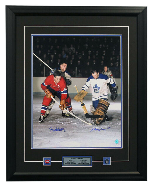 Jean Beliveau vs Johnny Bower Dual Signed Original 6 Hockey Legends 26x32 Frame