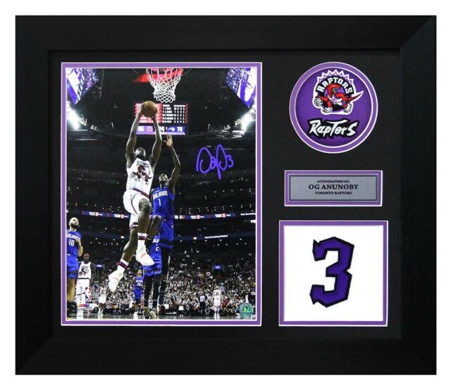 OG Anunoby Toronto Raptors Autographed White Dino Dunk Jersey Number 20x24 Frame