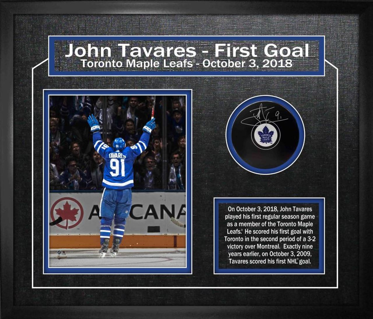 Tavares,J Signed Puck Framed Toronto Maple Leafs First Goal